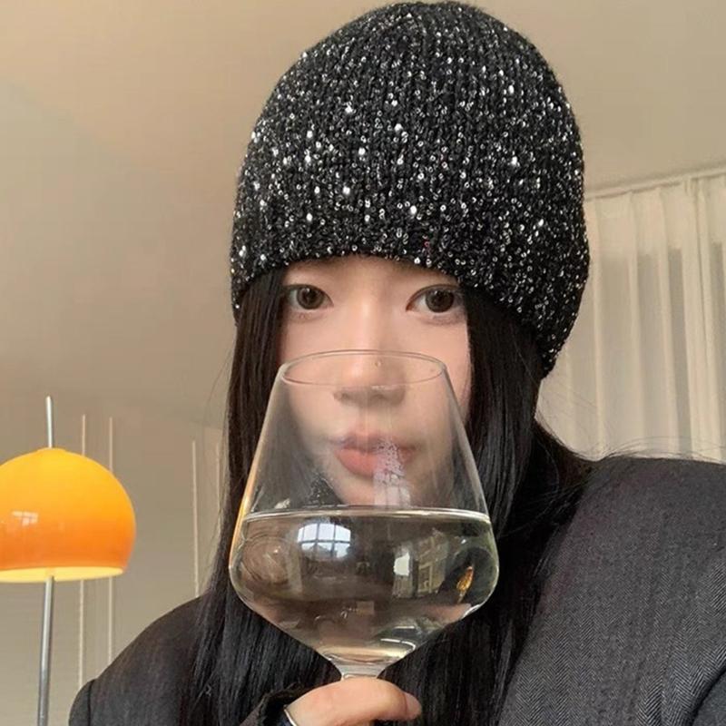 Cool Black Sequins Party Hat Breathable Skull Hat Party Bonnet Knit Hat