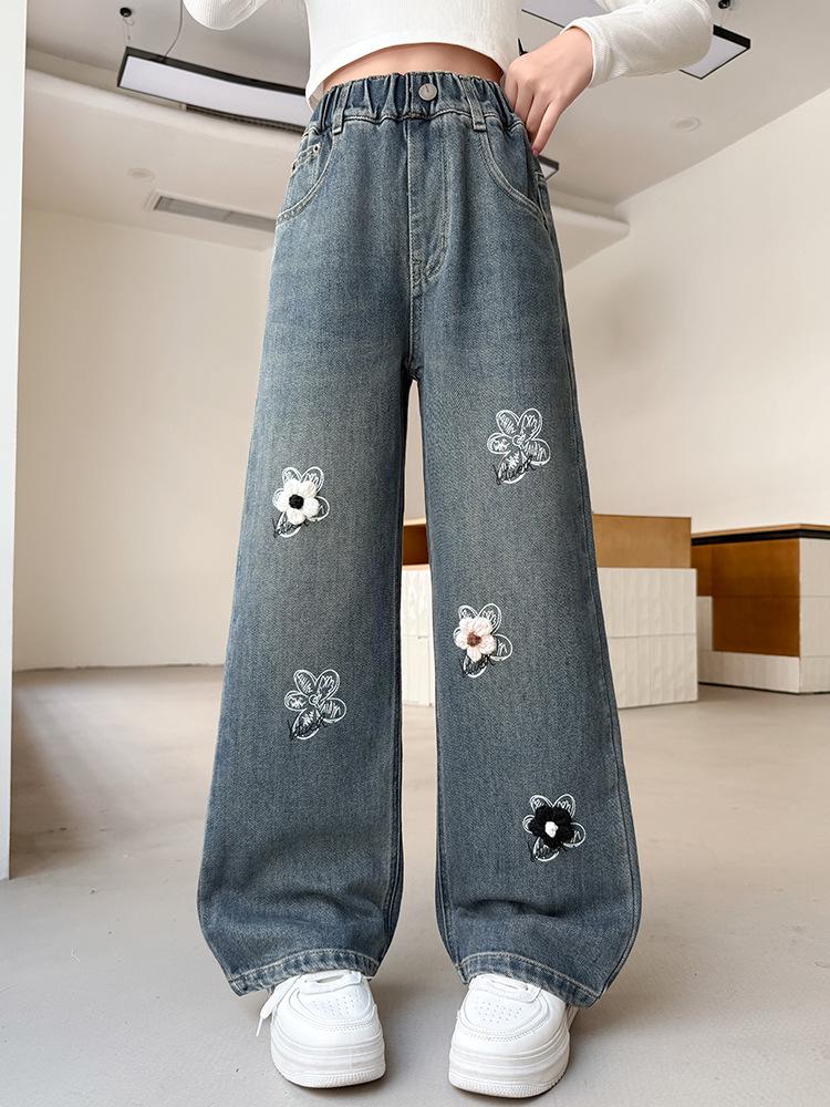 Autumn 2025 Girls' Wide Leg Jeans with 3D Flowers - Fashionable High Waist Straight Leg Pants for Kids