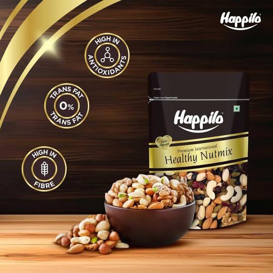 Happilo Premium International Healthy Nutmix 200g, Suszone Migdały, Czarne Rodzynki, Orzechy Nerkowca, Żurawina, Zielone Rodzynki, Jądra Pistacji