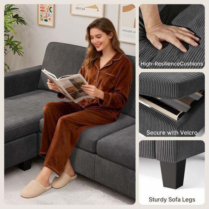 Divano ad angolo reversibile - Bealife - Divano modulare a L - 3 posti - Pouf - Velluto a coste - Grigio - 188 x 136 x 89 cm