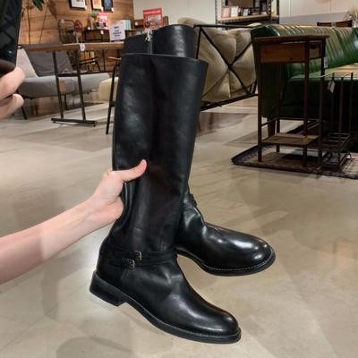Ganzes Rindsleder ~ gewaschenes Leder Gürtelschnalle Dickbesohlte Ritterstiefel Damenstiefel Seitlicher Reißverschluss Hohe Stiefel Stiefel