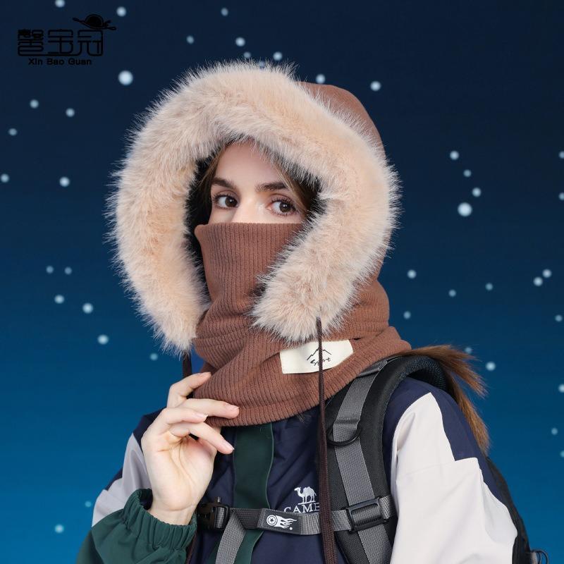 Winter mask, scarf, integrated hat, velvet, thermal ear protection, pullover hat, women's outdoor windproof face cover