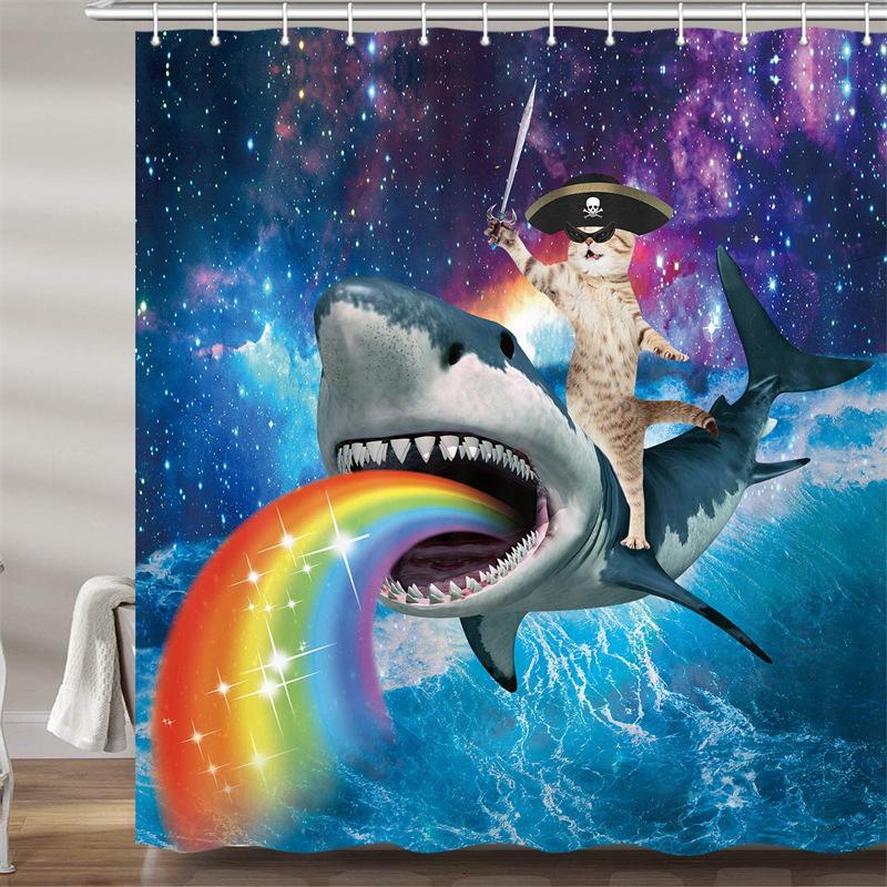 Pirate Cat Riding Shark Shower Curtain Funny Space Galaxy Rainbow Waterproof Fabric Bath Curtain With Hooks For Bathtub Decor