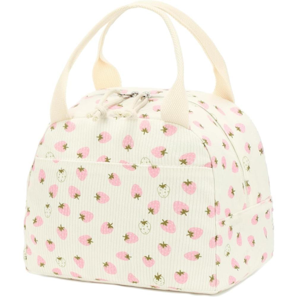 

Cute Corduroy Lunch Bag Strawberry Pattern Insulated Design Picnic Tote Bags Large Capacity Reusable Food Pouch for Work Travel