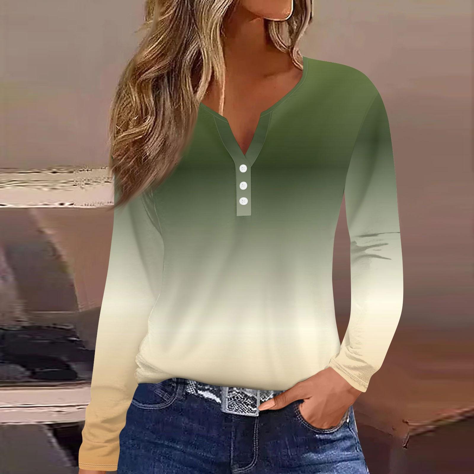 

Женская модная повседневная футболка с v-образным вырезом и длинными рукавами и декоративными пуговицами, топ M зелёный