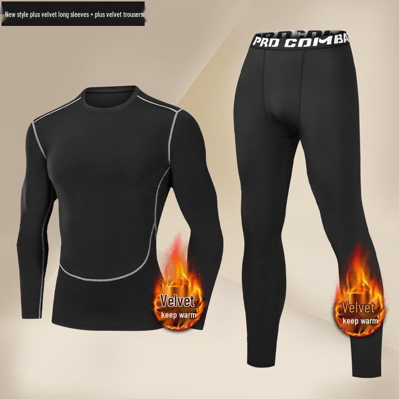 Men's Plus Velvet Quick-Dry High-Elastic Training and Running Set: Autumn/Winter Warm Fitness Tights and Base Layer.