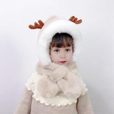Children Hat with Scarf Design Antler Decoration Thickened Warm Plush Winter Hat Windproof Winter Outdoor Wear