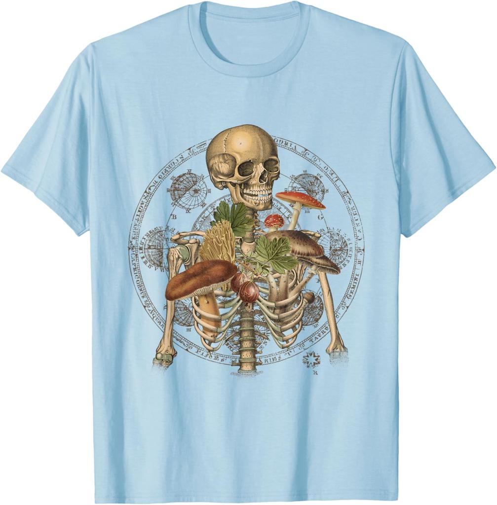 Skeleton With Mushrooms Goblincore Mycologist Fungi Graphic Tee Cotton Casual Trip T-Shirt