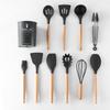 11-Piece Wooden Handle Silicone Kitchenware Set - Includes 9 Kitchen Tools, Spatula, and Spoon.