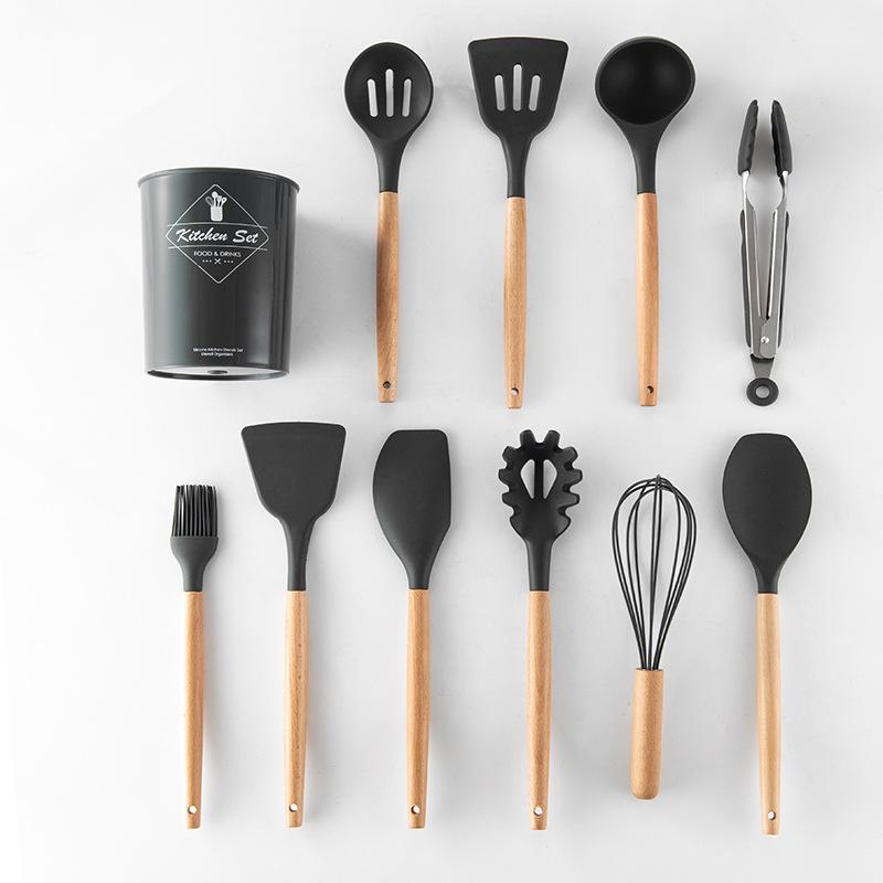 11-Piece Wooden Handle Silicone Kitchenware Set - Includes 9 Kitchen Tools, Spatula, and Spoon.
