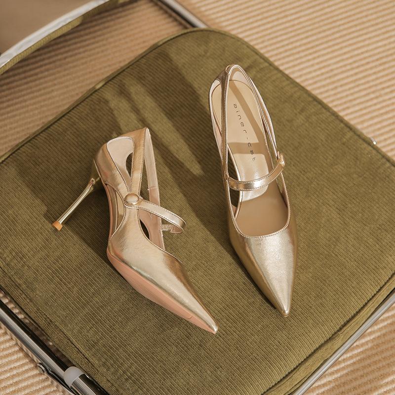 

8869 [sheepskin] high heels women s thin heels 2025 new pointed temperament light mouth hollow silver single shoes 34