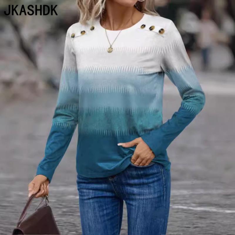 JKASHDK Women's Fashion Casual Spring Autumn Colour Block Print Long Sleeve O-Neck Blouses & Shirts