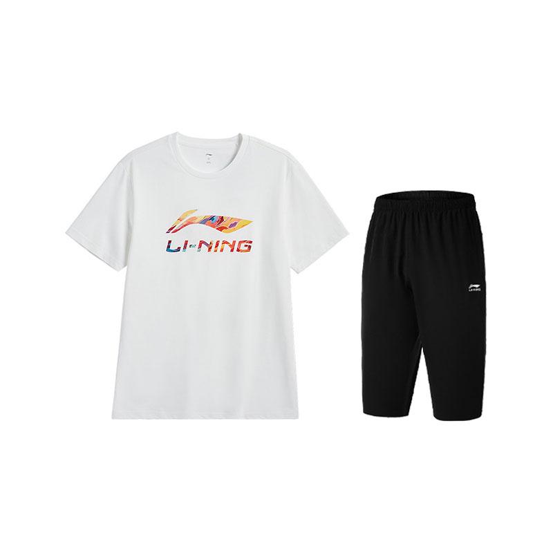 

Li-Ning Round Neck Logo Colorful Print Short Sleeve T-Shirt Comfortable Seven-Point Pants Casual Sports Suit Unisex suit White Black A75-2+V053-1 L