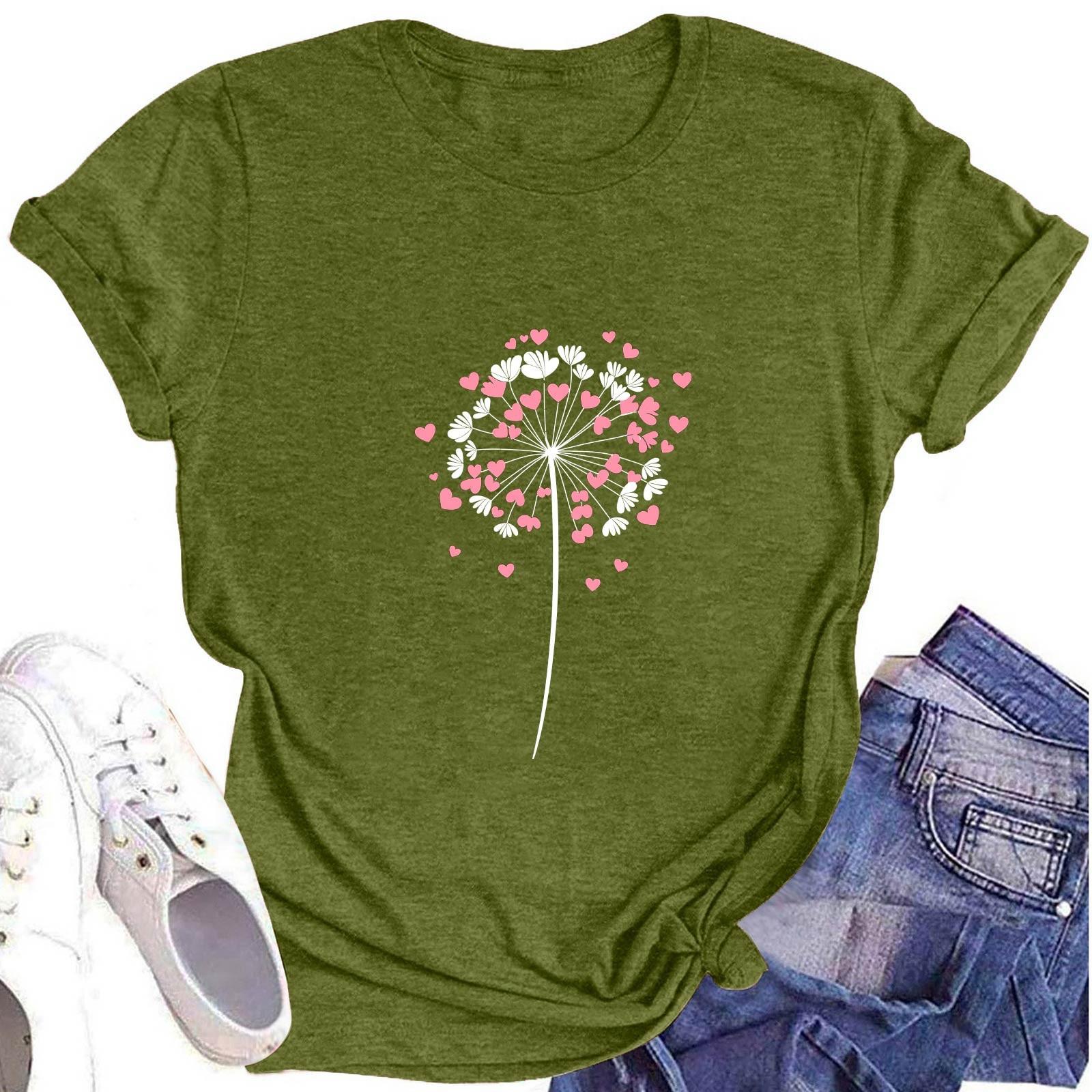 

Женская модная футболка с круглым вырезом и коротким рукавом, повседневный топ с цветочным принтом L армия зеленый