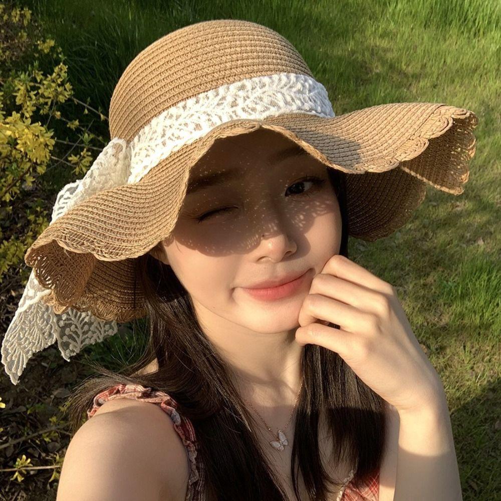 French Style Lace Bow Straw Hat Big Brim Women's Sun Hat Elegant Beach Straw Hat  Girls