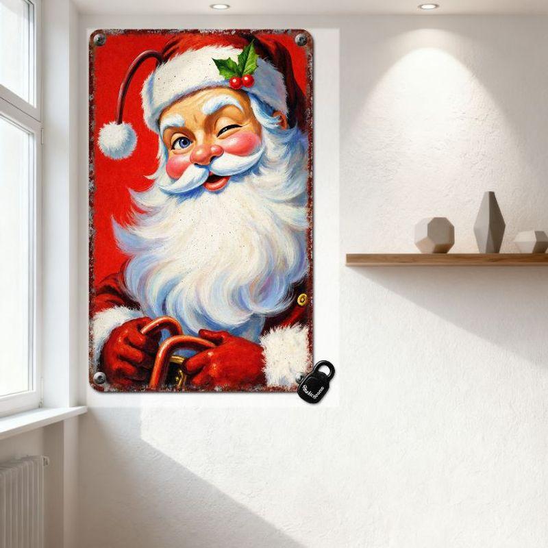 Vintage Santa Claus Metal Tin Sign - Retro Red Suit Jolly Figure with Holly Hat, Cane, Rosy Cheeks & Winking Eye, Solid Red Back