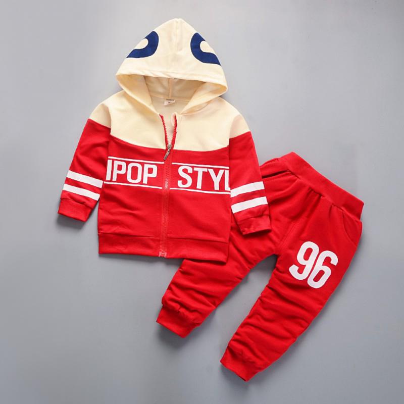 Gutter vår og høst trykt langermet hette topp + bukser 2 deler sett