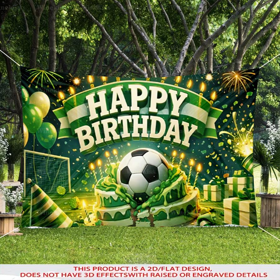 1pc 2D Flat Soccer Theme Happy Birthday Banner Green Party Backdrop Decor Garden Patio Indoor Outdoor Scene Birthday Celebration Photo