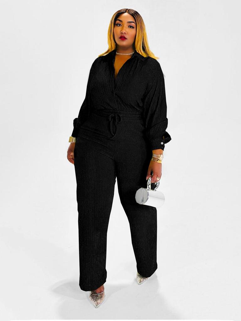 Women's Two-Piece Set: Long Sleeve Pleated Casual Shirt & Elastic Waist Straight Leg Pants