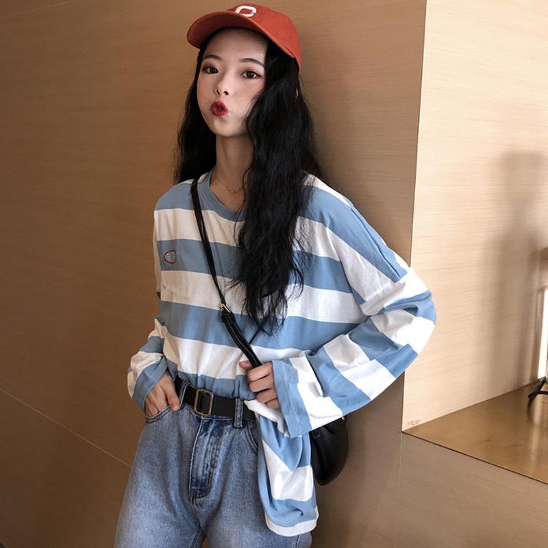 Women Spring Autumn Stripes Long Sleeve Loose T Shirt Blouse