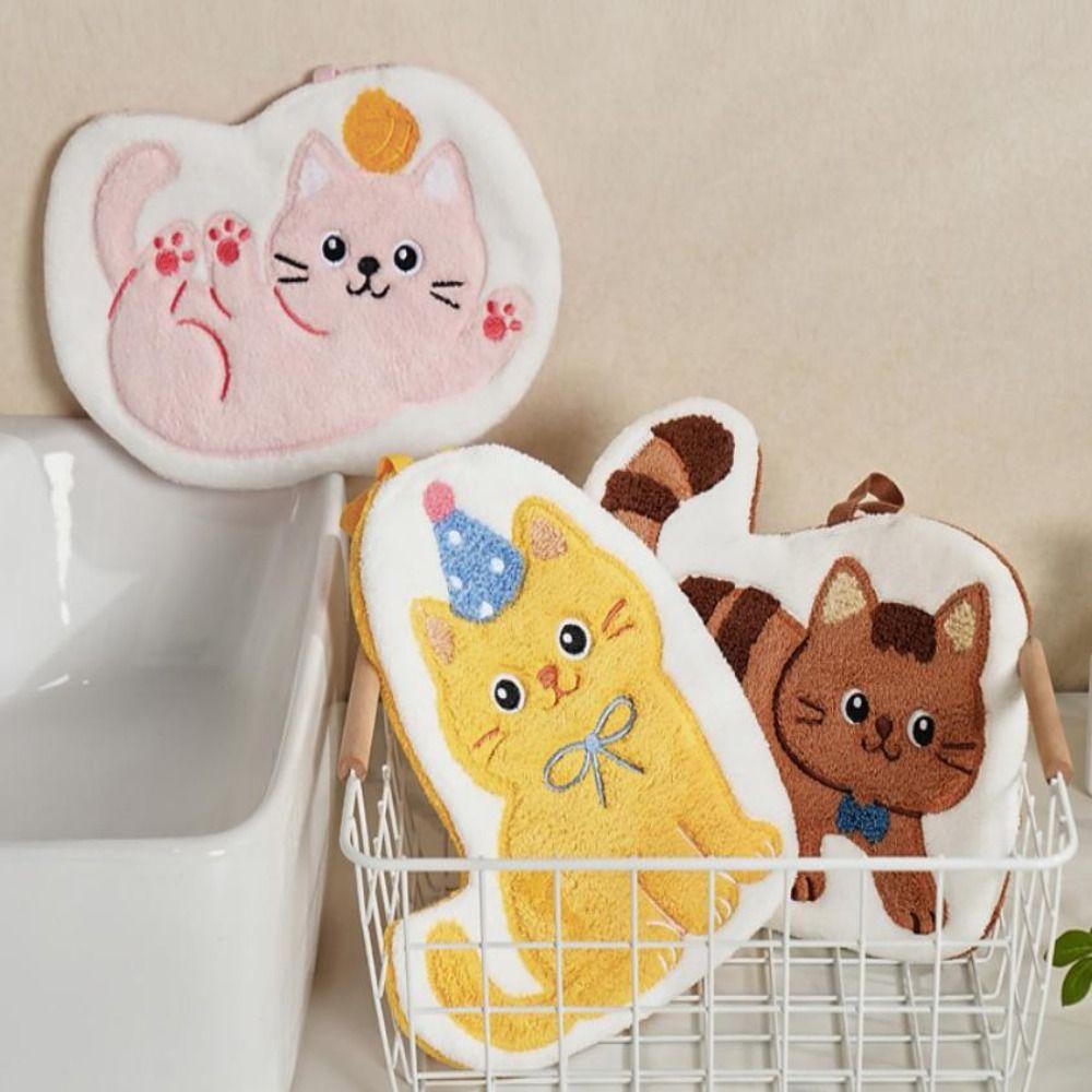 Cute Cat Hanging Hand Towel Coral Fleece Strong Water Absorption Handkerchief Towel Thickened Cartoon Bathroom Kerchief