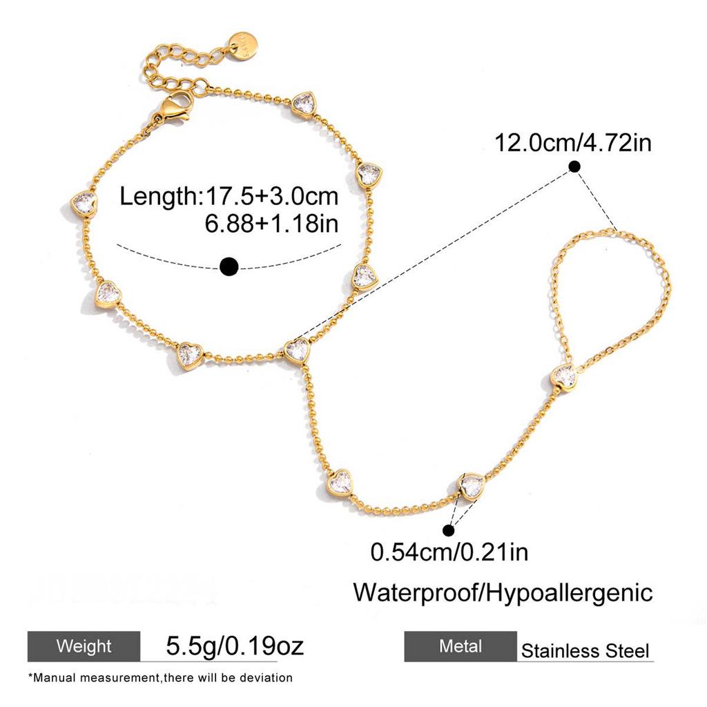 ERESI Waterproof Hand Jewelry 18K Gold Plated 316L Stainless Steel Trendy CZ Heart Bracelet Hand Ring Chain Bracelet for Women