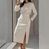 2026 Spring European & American Women's Elegant Slimming Evening Gown - Solid Color Long Dress with Slit
