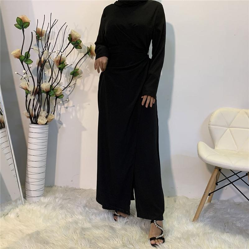 Muslimische Damenmode für Frische Einfarbige Overalls Kleider Abaya Dubai Türkei Islam Schnürung Hoher Bund Kleidung Langarm