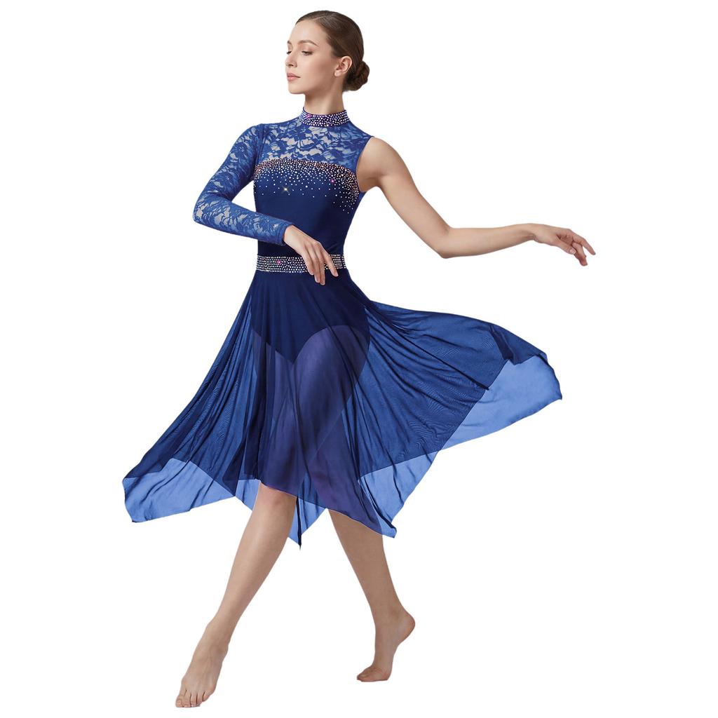 Damen Lyrical Dance Asymmetrisches Bodysuit-Kleid Einzelner Langer Ärmel Blumenspitze Unregelmäßiger Saum Rock