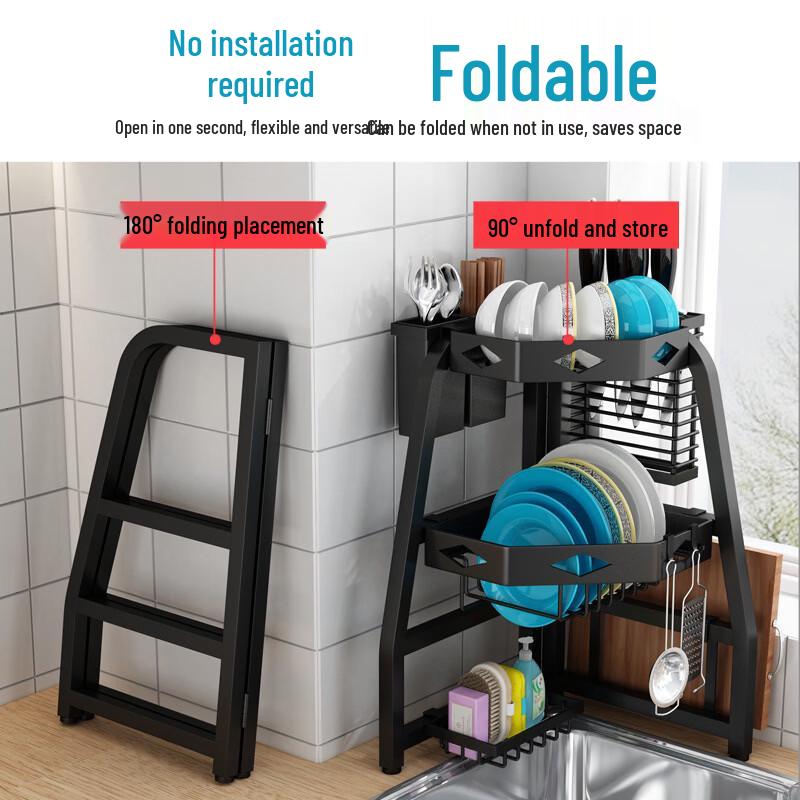 YouShu Black Corner Sink Dish Drying Rack with Cup & Sponge Holder