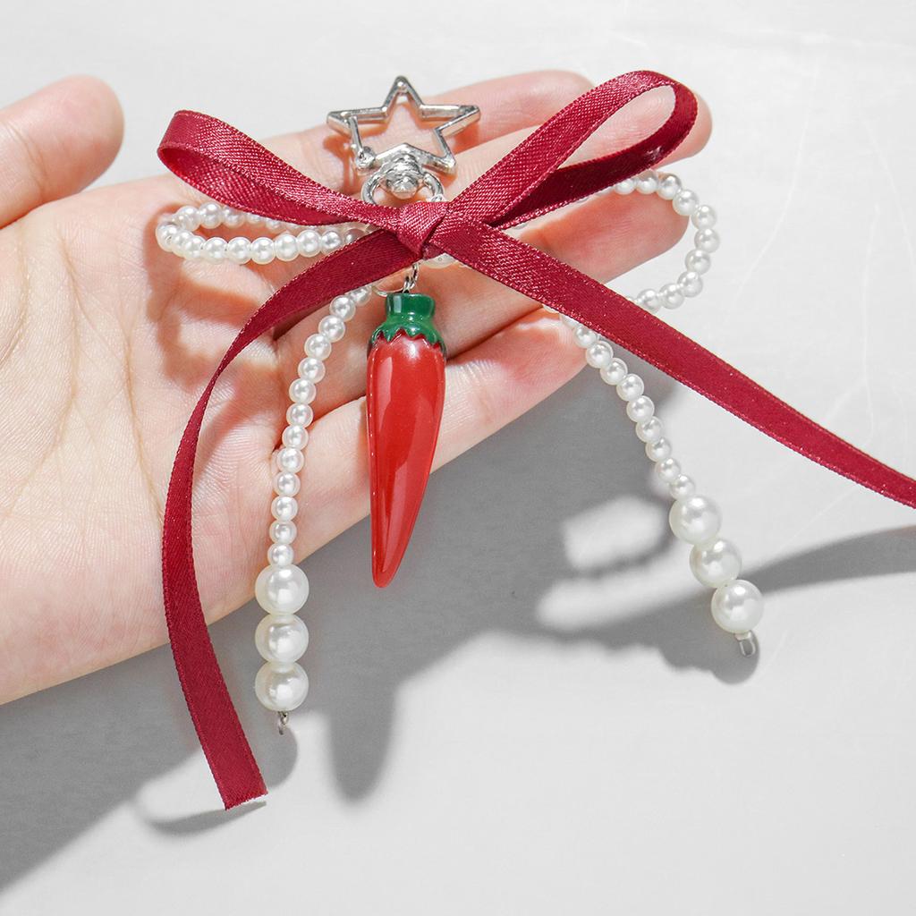 Weinrote Schleife Kirschanhänger Schlüsselanhänger Damen Süße Weiße Perle Schleife Rucksack Schlüsselring Schmuck Taschen Dekoration Freundschaftsgeschenke