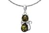 Short Silver Women's Necklace Cat With Green Amber Kitten Choker 38Cm