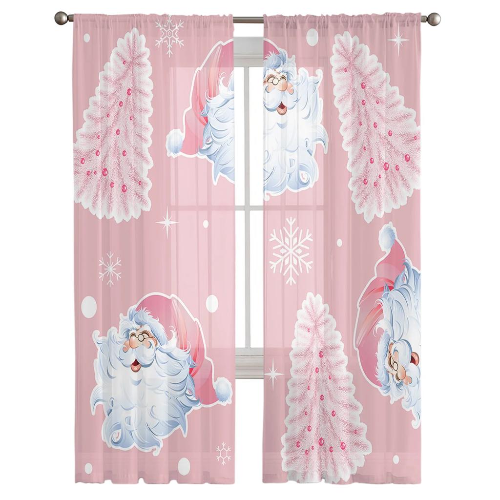 Rosa Weihnachtsbaum Schneeflocke Weihnachtsmann Tüllvorhänge für Wohnzimmer Schlafzimmer Dekor Chiffon Transparent Voile Küchenfenstervorhänge