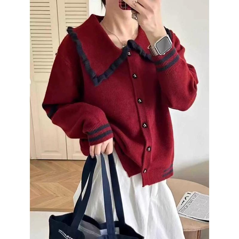 

Autumn and winter new large size fat mm contrasting color doll collar age-reducing knitted sweater age-reducing chic primer sweater versatile average size красный