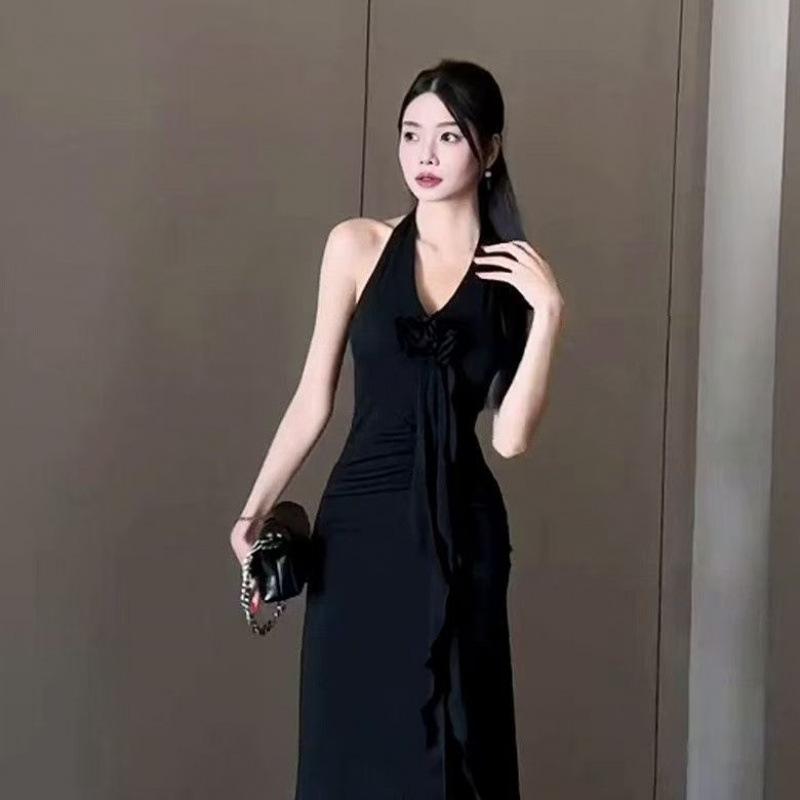 Elegant red neck sling dress for women's summer new Spice Girl sexy backless temperament waist dress