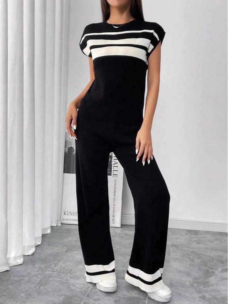 Trendy Summer Women's Set: Short Sleeve Top & High Waist Wide-Leg Pants
