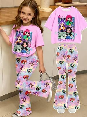 Kpop Three Girls' Group Anime Girl Print Short-Sleeve T-Shirt and Flared Pants 2-Piece Set