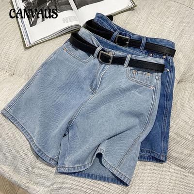 High Waist A-word Casual Denim Shorts Women's Summer Mid Trousers Loose Straight Wide Leg Shorts