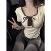 Pure desire style lace-up square neck slim-fitting and thin short-sleeved T-shirt summer niche ins chic fashion versatile pure desire top