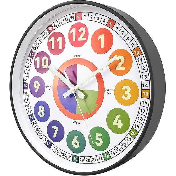 Learning Clock for kids, Glow in The Dark Wall Clock for Bedroom, 12 Inch Silent Night Light Kids Wall Clock, Colorful Illuminated Telling Time Illuminated Gray