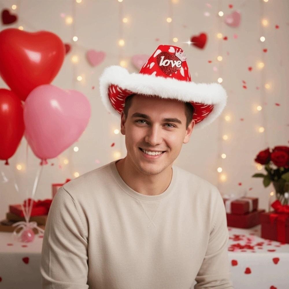 Wide Brim Red Heart Cowboy Cap Warmer Valentine's Day Party Hat Cool Cowgirls Top Hat  Fashion Show