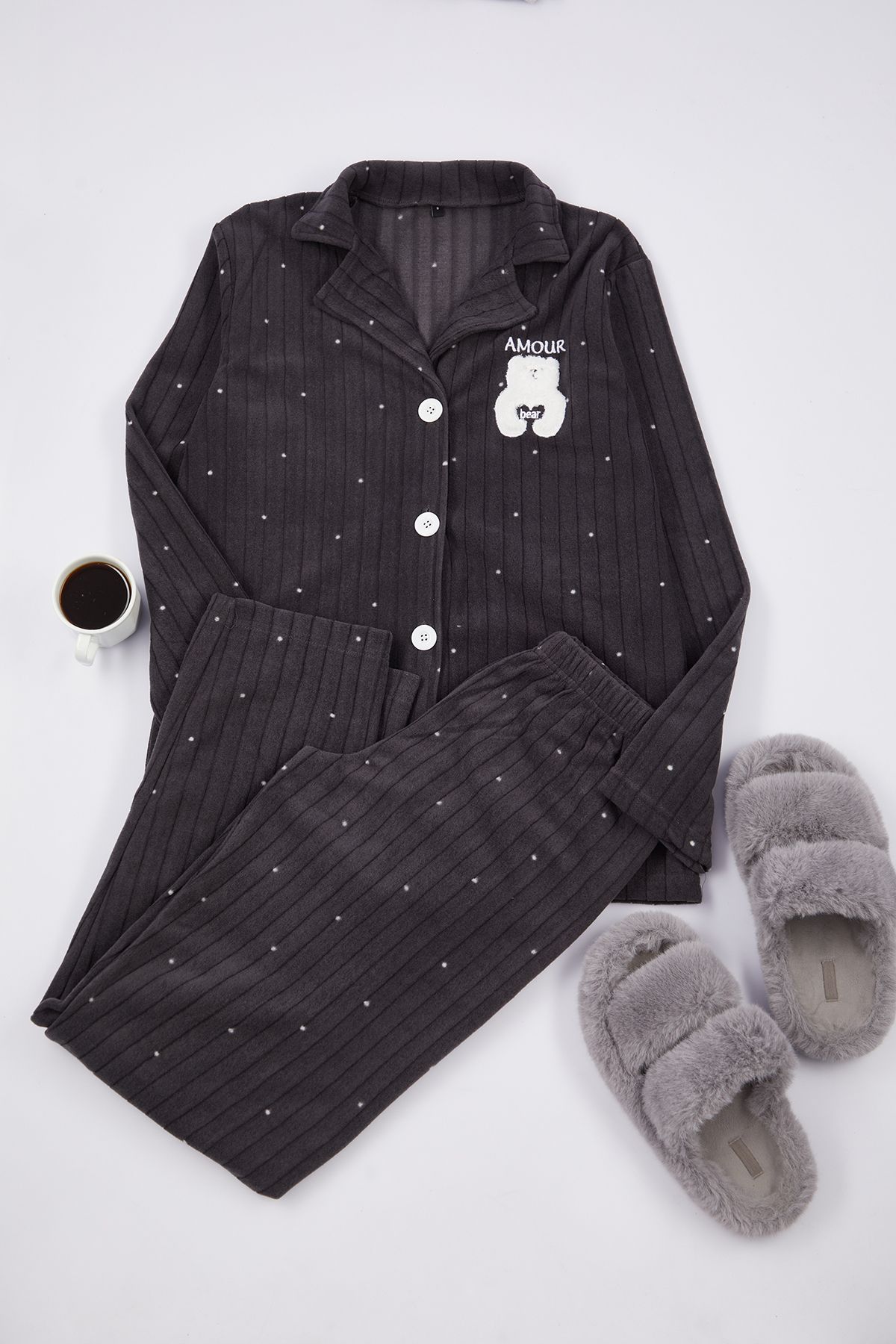 

Women s Fashion Anthracite Polka Dot Animal Printed Fleece Knitted Pajama Set M
