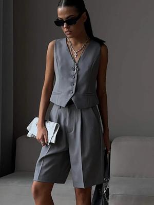 Women Suits Shorts Sets V-neck Single Breasted Casual Vest Set Woman 2 Piece Suit Straight High Waist Pant Ladies Office Oufits