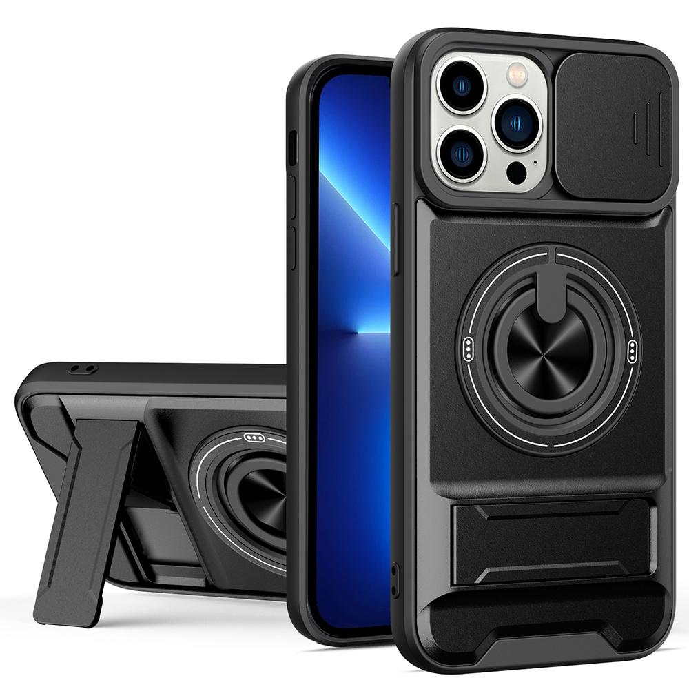 

For iPhone 13 Pro Max Case Compatible with MagSafe Ring Holder Foldable Kickstand TPU PC Phone Cover with Camera Lens Slider
