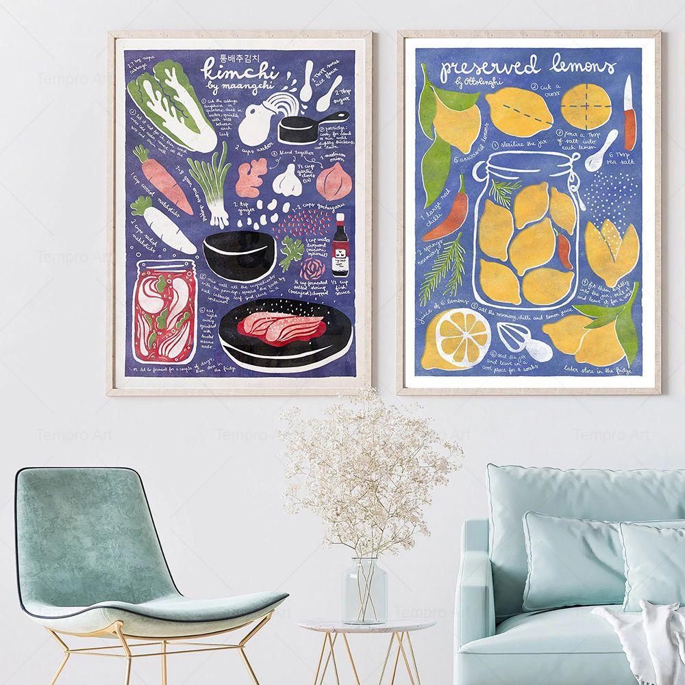Ramen,Kimchi,Preserved Lemons,Hummus,Sourdough Bread,Pierogi Ruskie,Nasi Goreng Food Illustrate Recipe Kitchen Poster Wall Decor