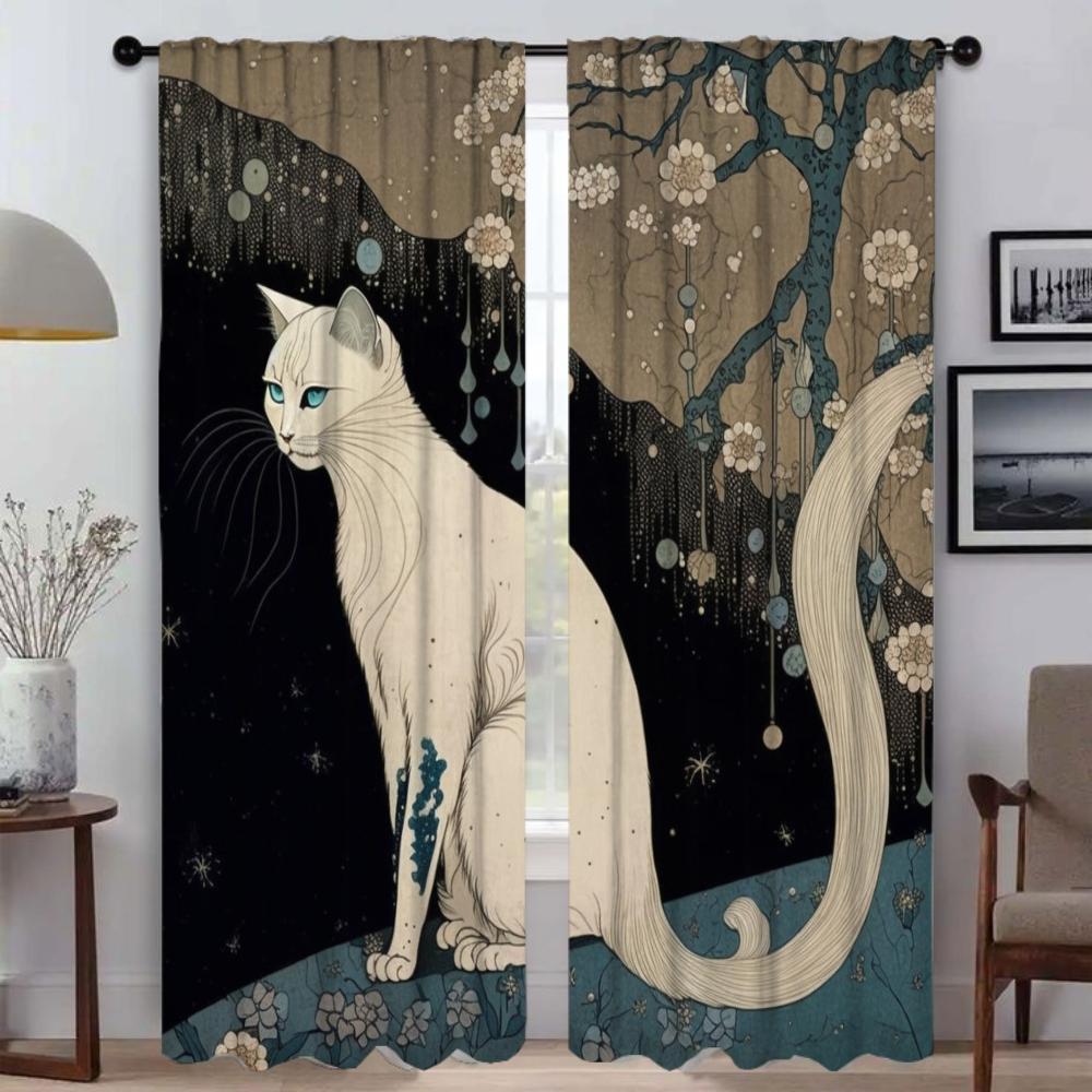 Set Of 2 Elegant Room Curtains Camera Cat Tulle Bedroom Curtain Anti Mosquito Shades Partition Living Darkening For Made Polyester
