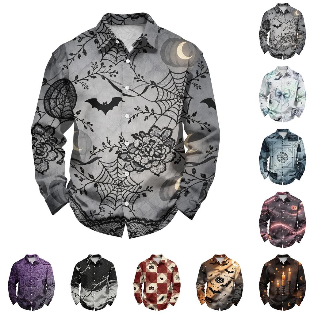 Men's Halloween Loose Fit Long Sleeve Shirt Button Down Collar Casual Retro Style Breathable Shirt for Autumn Spring Outdoor Daily Wear