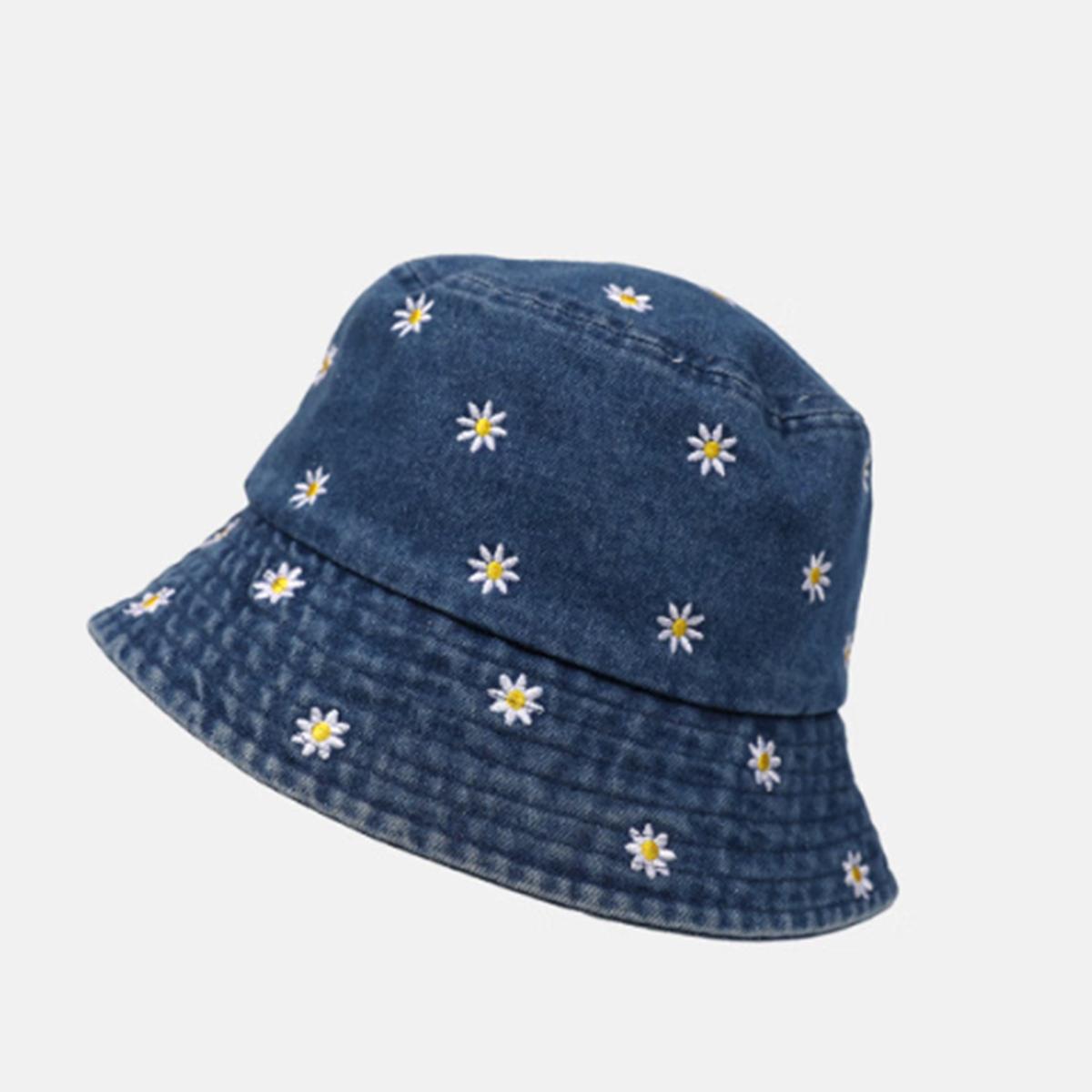 Gezichtsversmallende Denim Outdoor Vissershoed Voor Vrouwen Nieuwe Zomer Grote Hoofdomtrek Zonnehoed UV-Bescherming Herfst Geborduurde Kleine Bloemen blue