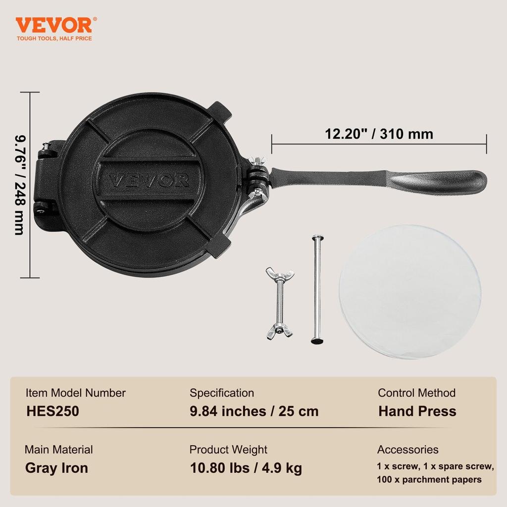 Tortilla Press, 10 Inch Tortilla and Roti Maker, Cast Iron Heavy Duty Tortilladora Press, Pre-Seasoned Pataconera Maker with 100 Pcs Parchment Paper,