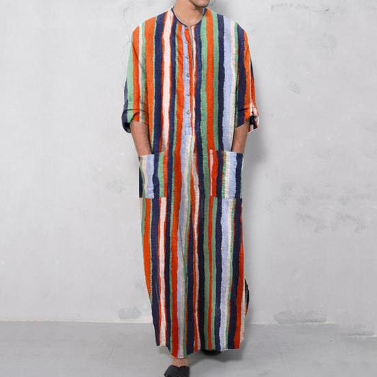 Gown Shirt Colorful Striped Pockets Single-breasted Round Neck Soft Long Shirt for Daily Wear